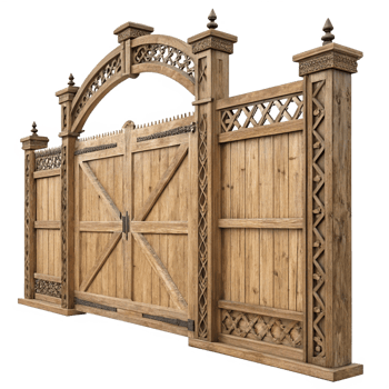 Ornate Wooden Gate and Fence with Intricate Carvings and Finials png