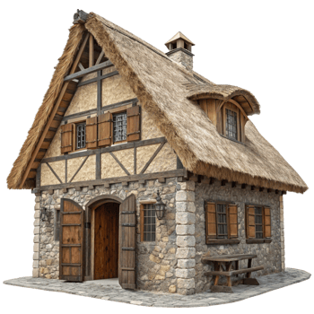 A charming rustic stone cottage with a thatched roof and wooden accents png