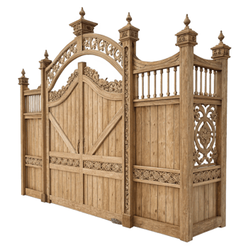Ornate Wooden Gate and Fence with Intricate Carving and Finials png