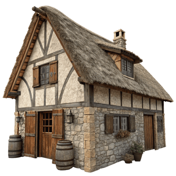 Quaint Medieval Cottage with Thatched Roof and Stone Walls png