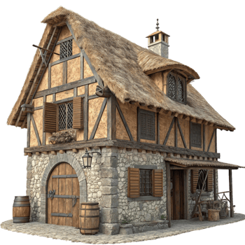 Medieval Style Cottage with Thatched Roof and Stone Foundation 3D Render png