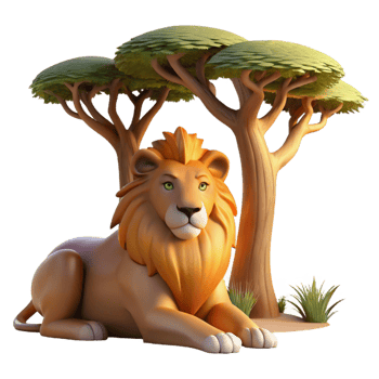 stunning contemporary A majestic lion resting in the shade of a baobab tree, the golden light of late afternoon illuminating its mane, rendered in a realistic, National Geographic style premium png