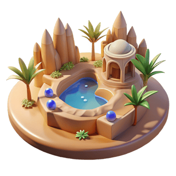 wonderful abstract Desert oasis with a hidden subterranean city, midday sun, otherworldly style exclusive png