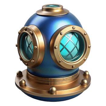 dramatic traditional A steampunk diving helmet with a large, circular glass viewport and intricate brass fittings, lit by a cool, underwater blue light, in a vintage photograph style original png