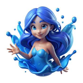 elegant classic A playful water nymph with flowing blue hair and shimmering scales, surrounded by sparkling water droplets, underwater lighting, ethereal style high resolution png