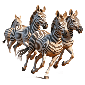 vibrant minimalist A herd of zebras galloping across the African savanna, dust swirling around their hooves, in a dynamic, photorealistic style professional png