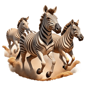 dramatic rustic A herd of zebras galloping across the African savanna, dust swirling around their hooves, in a dynamic, photorealistic style exclusive png