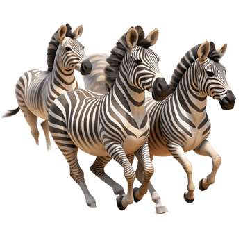elegant creative A herd of zebras galloping across the African savanna, dust swirling around their hooves, in a dynamic, photorealistic style high resolution png