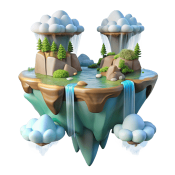 extraordinary abstract A floating island with waterfalls cascading down its sides, surrounded by clouds, ethereal lighting, fantasy landscape style high resolution png