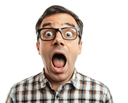 A man with glasses and a checkered shirt is making a surprised face png