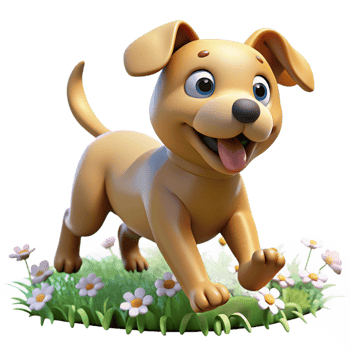 beautiful minimalist A playful puppy with floppy ears, running through a field of flowers, bright sunlight, whimsical style authentic png