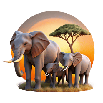 dramatic abstract A family of elephants walking across the African savanna, the setting sun casting a warm glow, in a peaceful, naturalistic style premium png