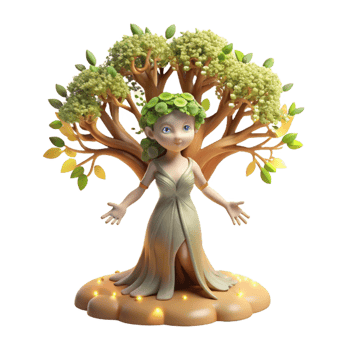 elegant artistic A graceful dryad emerging from an ancient oak tree, dappled sunlight filtering through the leaves, in a soft, dreamlike style professional png