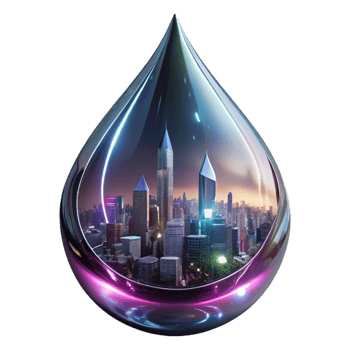 wonderful creative A futuristic cityscape reflected in a raindrop on a metallic surface, neon lights, blurred reflections, cyberpunk photography style original png