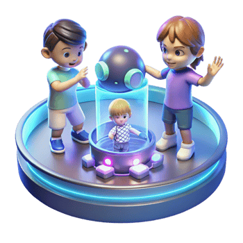 serene traditional A group of children playing with holographic toys in a futuristic playground. Bright, playful lighting. Cartoon style detailed png