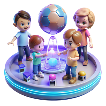 beautiful minimalist A group of children playing with holographic toys in a futuristic playground. Bright, playful lighting. Cartoon style detailed png