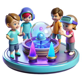 elegant vintage A group of children playing with holographic toys in a futuristic playground. Bright, playful lighting. Cartoon style exclusive png