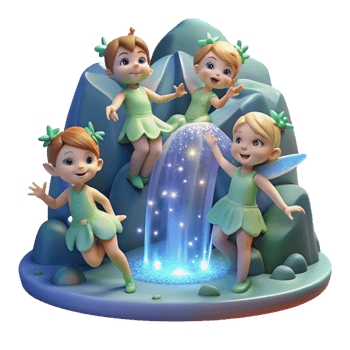 extraordinary rustic A group of playful pixies dancing around a shimmering waterfall, their bodies dusted with pixie dust, illuminated by magical fireflies. Whimsical, cartoon style detailed png