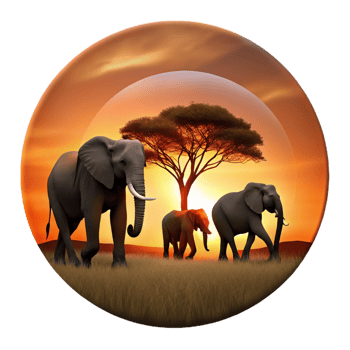 stunning contemporary A family of elephants walking across the savanna at sunset, silhouetted against the fiery sky, depicted in a minimalist, silhouette style detailed png