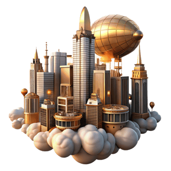 stunning contemporary A steampunk cityscape with towering buildings of brass and glass, airships navigating through the clouds, bathed in the warm glow of sunset, art deco style detailed png