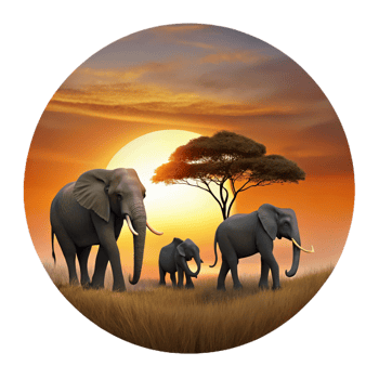 elegant contemporary A family of elephants walking across the savanna at sunset, silhouetted against the fiery sky, depicted in a minimalist, silhouette style professional png