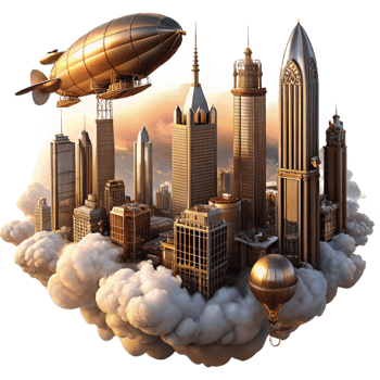 impressive creative A steampunk cityscape with towering buildings of brass and glass, airships navigating through the clouds, bathed in the warm glow of sunset, art deco style high quality png