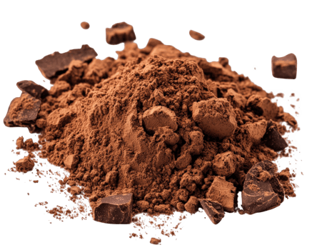 Rich cocoa powder pile with chocolate chunks, perfect for baking and desserts. This versatile ingredient adds depth to recipes, enhancing flavors and textures png
