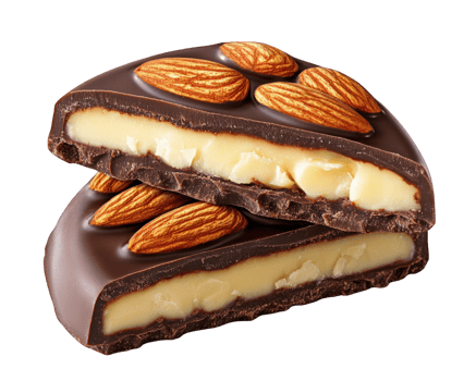 Creamy almond praline chocolate with crunchy texture and rich flavor. Indulge in this luxurious treat that combines smooth chocolate and crunchy almonds png