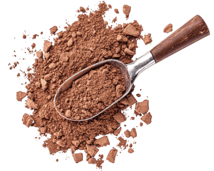 Rich cocoa powder in scoop, perfect for baking and desserts, showcasing its fine texture and deep color. Ideal for chocolate recipes and culinary creations png