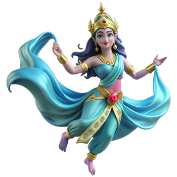 stunning vintage A celestial Apsara, Hindu spirit of the clouds and water, dancing gracefully in the air, adorned with flowing silks and jewels, soft lighting, traditional Indian art style, exclusive png