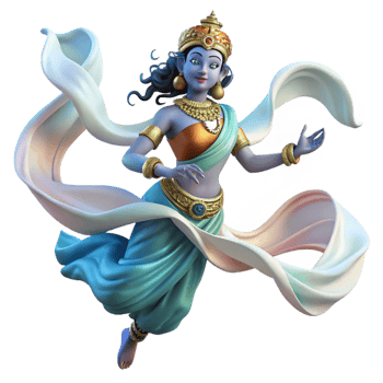 serene abstract A celestial Apsara, Hindu spirit of the clouds and water, dancing gracefully in the air, adorned with flowing silks and jewels, soft lighting, traditional Indian art style, authentic png