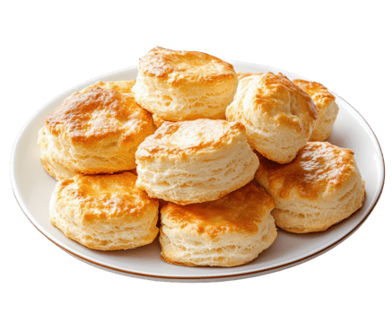Fluffy and buttery homemade biscuits stacked on white plate, perfect for breakfast or snacks. These golden treats are sure to delight anyone who loves baked goods png