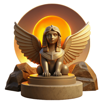 impressive traditional A serene, wise Sphinx with golden wings and a woman's face, perched atop a weathered stone pedestal, bathed in the warm glow of a desert sunset. Art Deco style authentic png