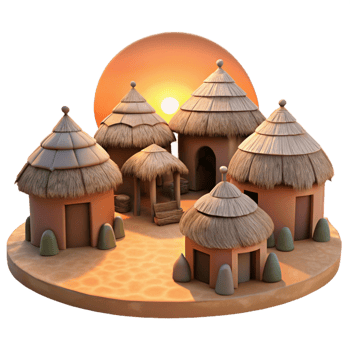 dramatic minimalist African mud-brick village with thatched roofs, warm sunset lighting, tribal style genuine png
