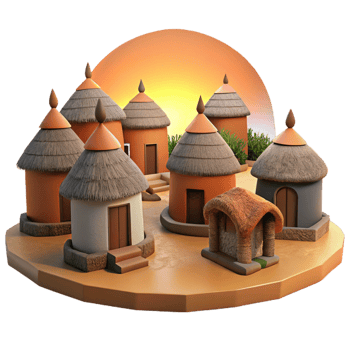 extraordinary vintage African mud-brick village with thatched roofs, warm sunset lighting, tribal style high quality png