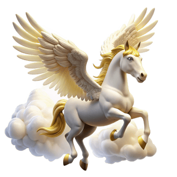 impressive creative A majestic, winged Pegasus with pure white feathers and a golden bridle, soaring through a cloudy sky, illuminated by the bright sunlight. Romantic style 4K png