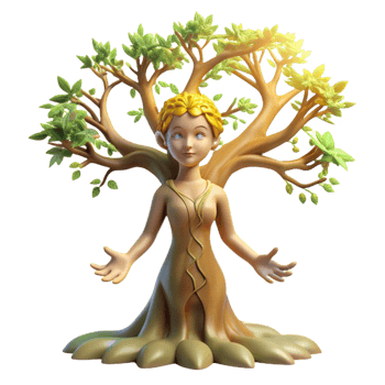 magnificent modern A graceful dryad emerging from an ancient oak tree, dappled sunlight filtering through the leaves, in a soft, dreamlike style high resolution png
