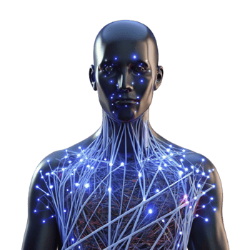 dramatic traditional Intricate network of glowing fiber optic cables weaving through a human silhouette, dark cyberpunk lighting, digital art style 4K png