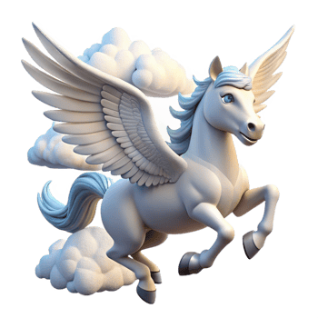 serene minimalist A majestic pegasus with snow-white wings, flying through a cloudy sky, illuminated by the sun. Fantasy art style high quality png