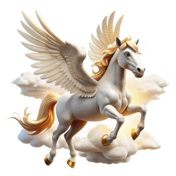 dramatic creative A majestic, winged Pegasus with pure white feathers and a golden bridle, soaring through a cloudy sky, illuminated by the bright sunlight. Romantic style professional png