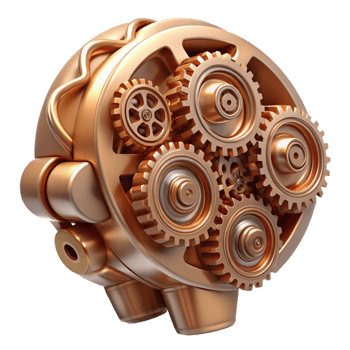 beautiful minimalist Intricate clockwork gears forming a human brain, brass and copper tones, dimly lit with an ambient occlusion effect, steampunk style detailed png