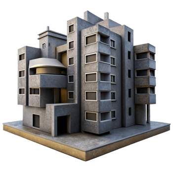 dramatic traditional Brutalist concrete apartment complex, harsh shadows, overcast lighting, dystopian style genuine png