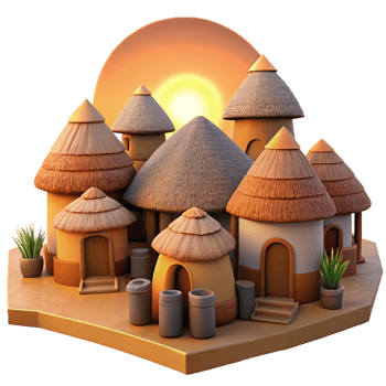 impressive rustic African mud-brick village with thatched roofs, warm sunset lighting, tribal style genuine png