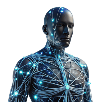 wonderful modern Intricate network of glowing fiber optic cables weaving through a human silhouette, dark cyberpunk lighting, digital art style high resolution png