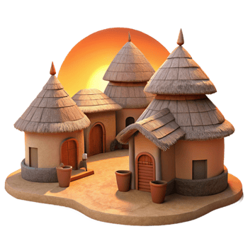 beautiful rustic African mud-brick village with thatched roofs, warm sunset lighting, tribal style authentic png