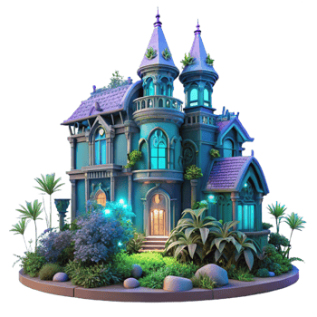 elegant artistic Victorian mansion overgrown with vibrant bioluminescent plants, twilight lighting, fantasy art style authentic png