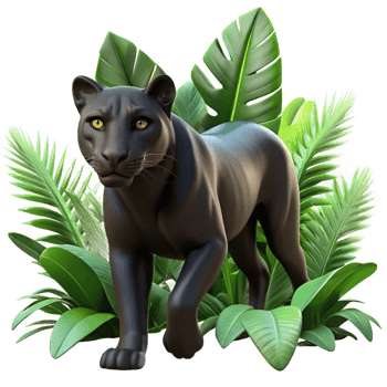 serene creative A sleek black panther stalking through dense jungle foliage, dappled sunlight filtering through the leaves, rendered in a photorealistic style with dramatic lighting detailed png