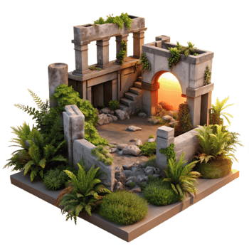 vibrant abstract Post-apocalyptic ruins overgrown with vegetation, warm sunset lighting, desolate style exclusive png