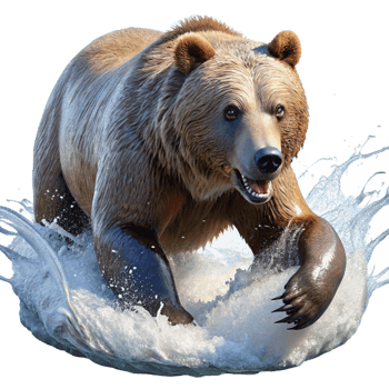 extraordinary classic A powerful grizzly bear fishing for salmon in a rushing river, spray and sunlight creating dynamic lighting, captured in a National Geographic-style photograph professional png