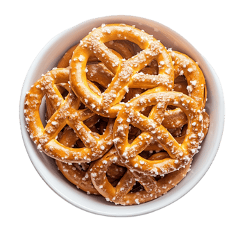 Delicious pretzels with salt in a white ceramic bowl isolated on transparent background png